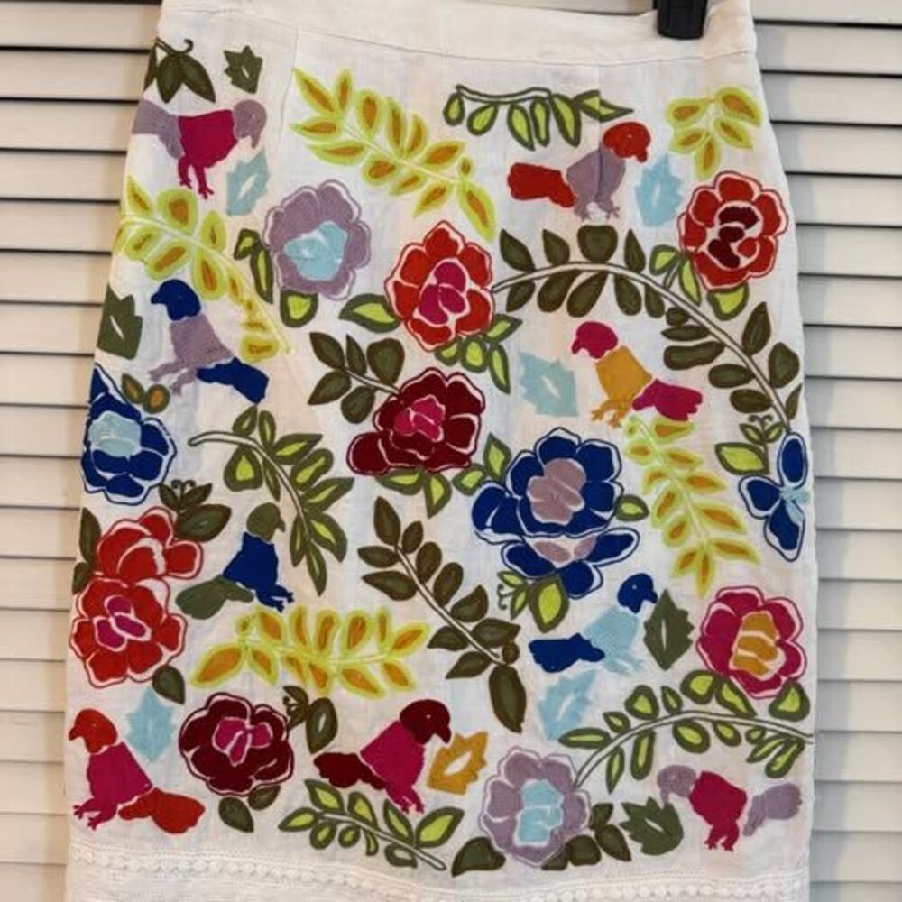 Anthropologie Moulinette Soeurs La Fiesta Embroidered POM POM LINEN Skirt sz 2